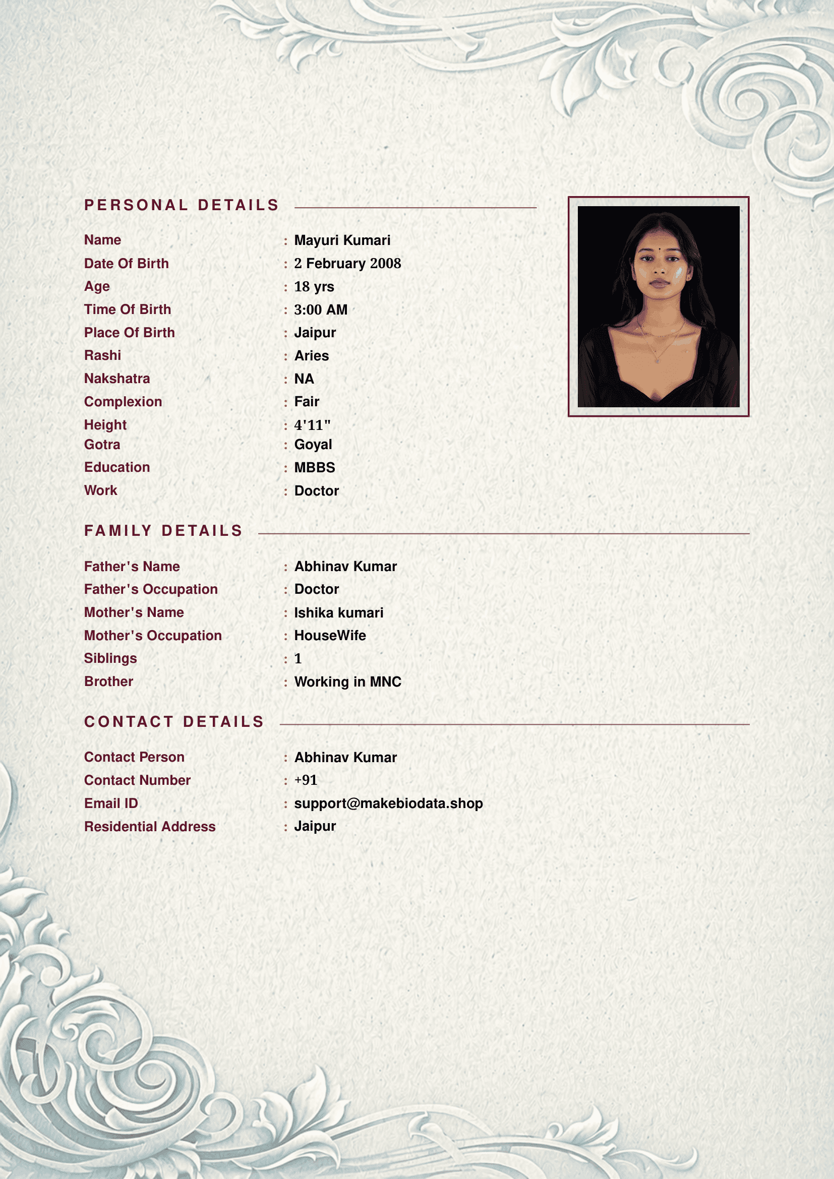 Azure Floral marriage biodata template preview
