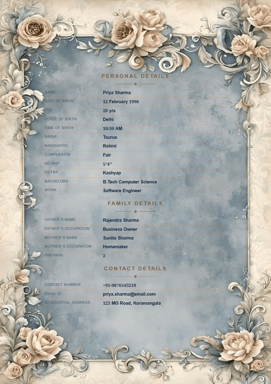 Dusty Blue Rose marriage biodata template preview