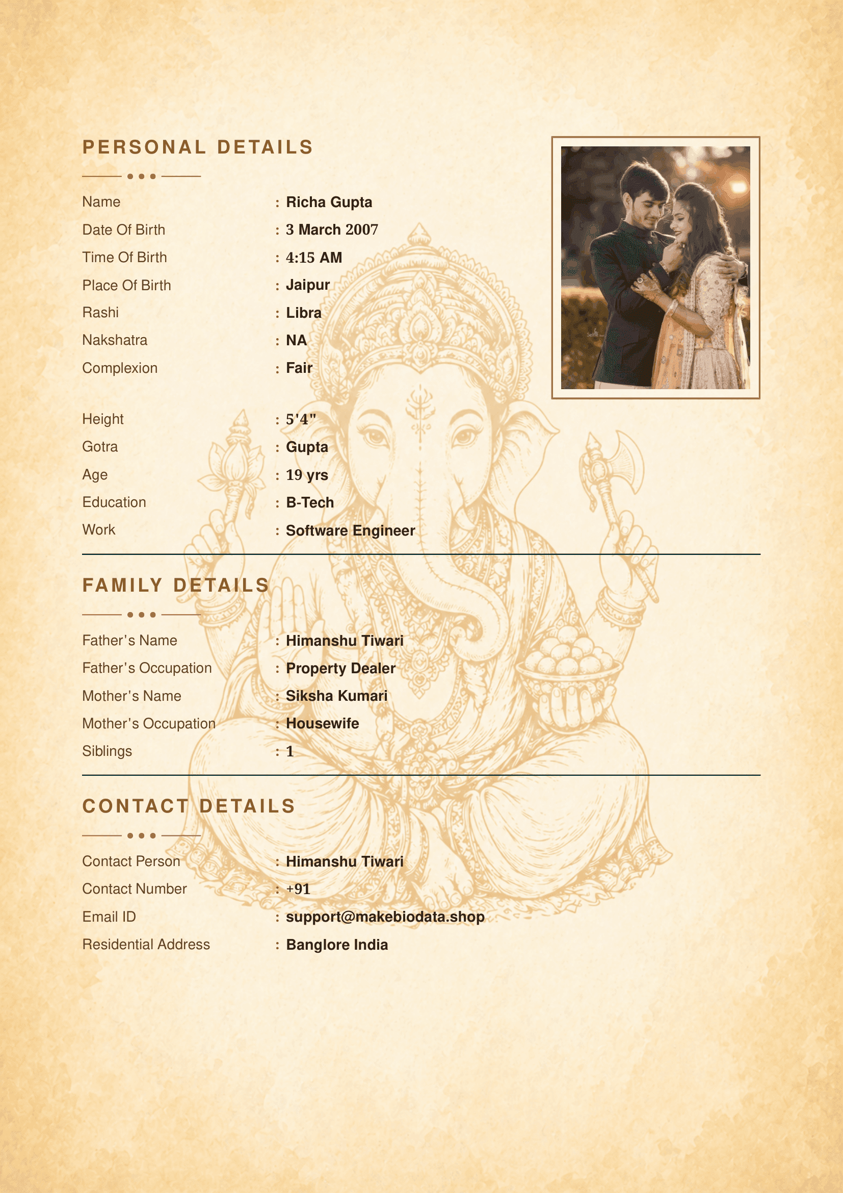 Ganesh Ji marriage biodata template preview