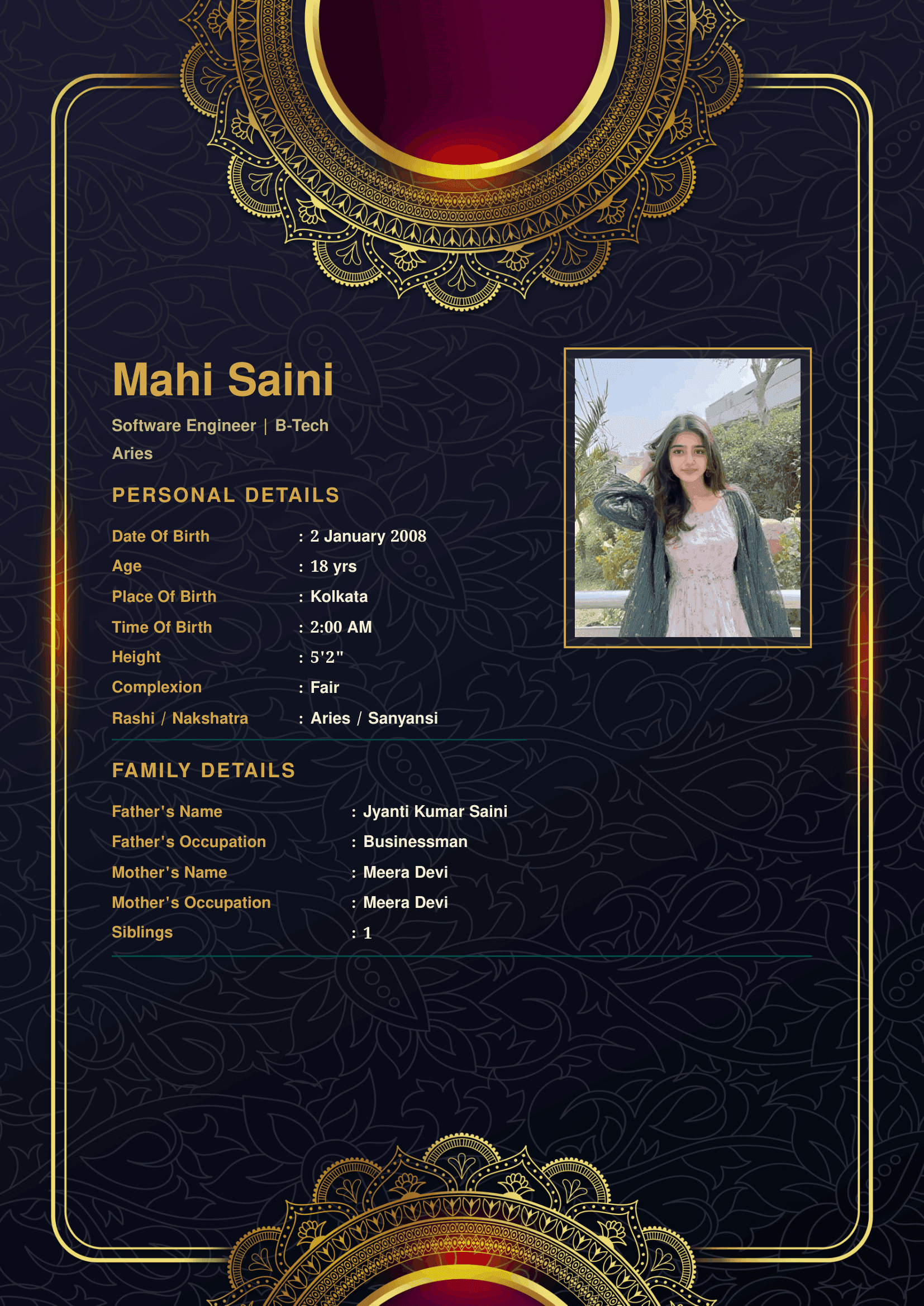 Midnight Royale marriage biodata template preview