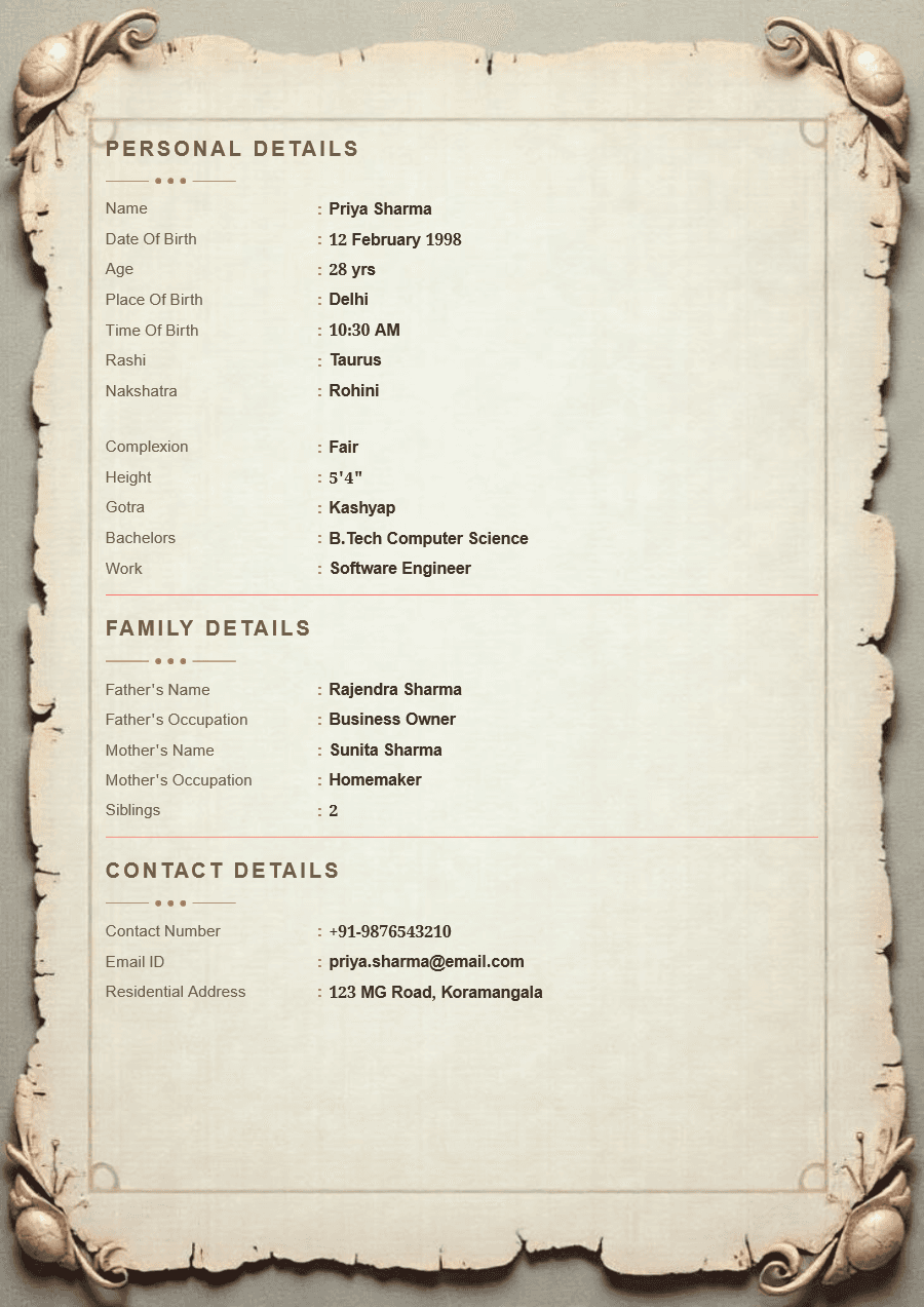 Antique Parchment marriage biodata template preview