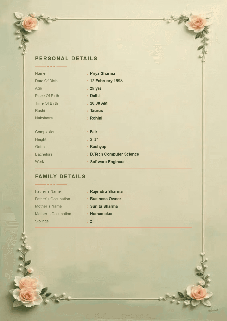 Sage Rose marriage biodata template preview