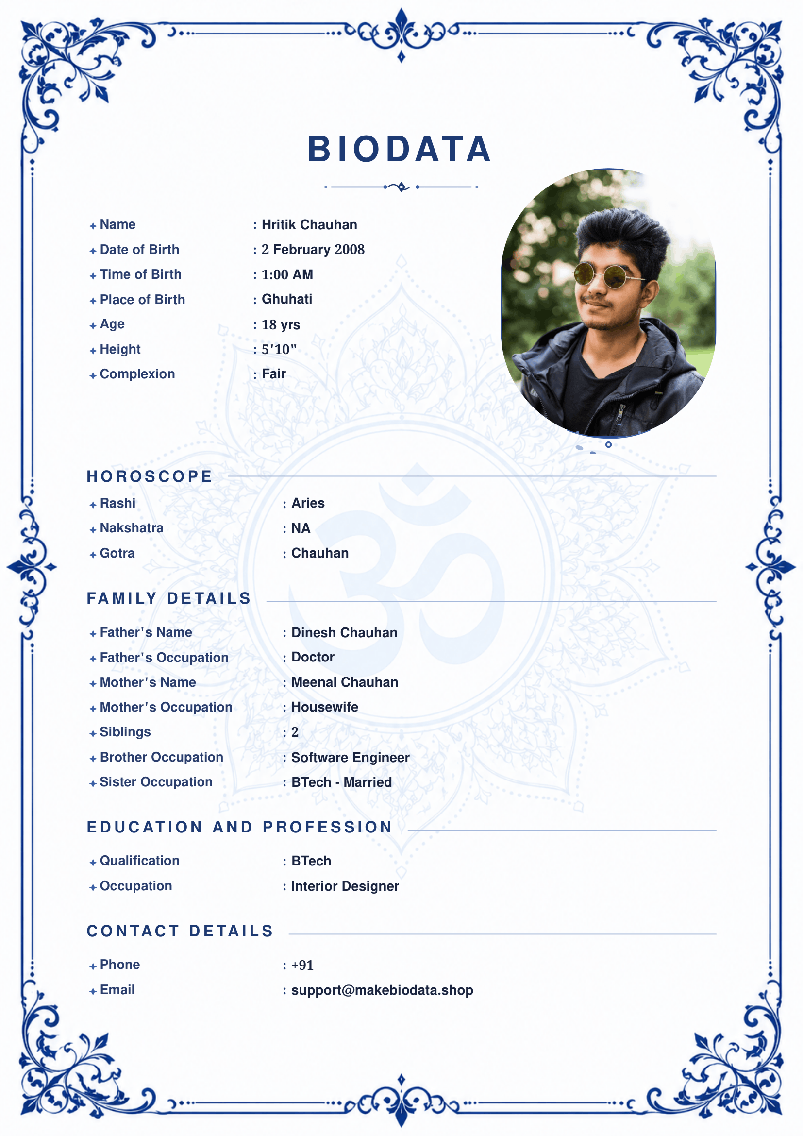 Blue Om Mandala marriage biodata template preview