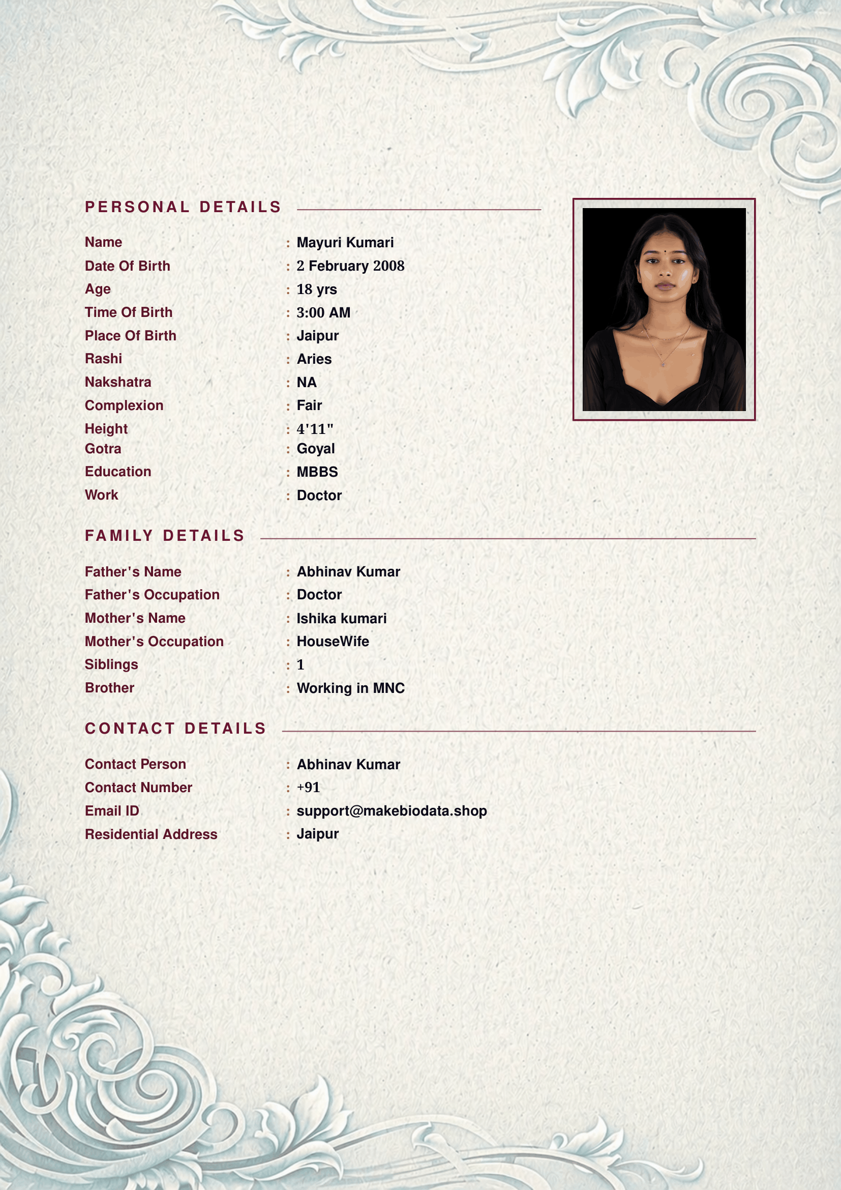 Azure Floral marriage biodata template preview