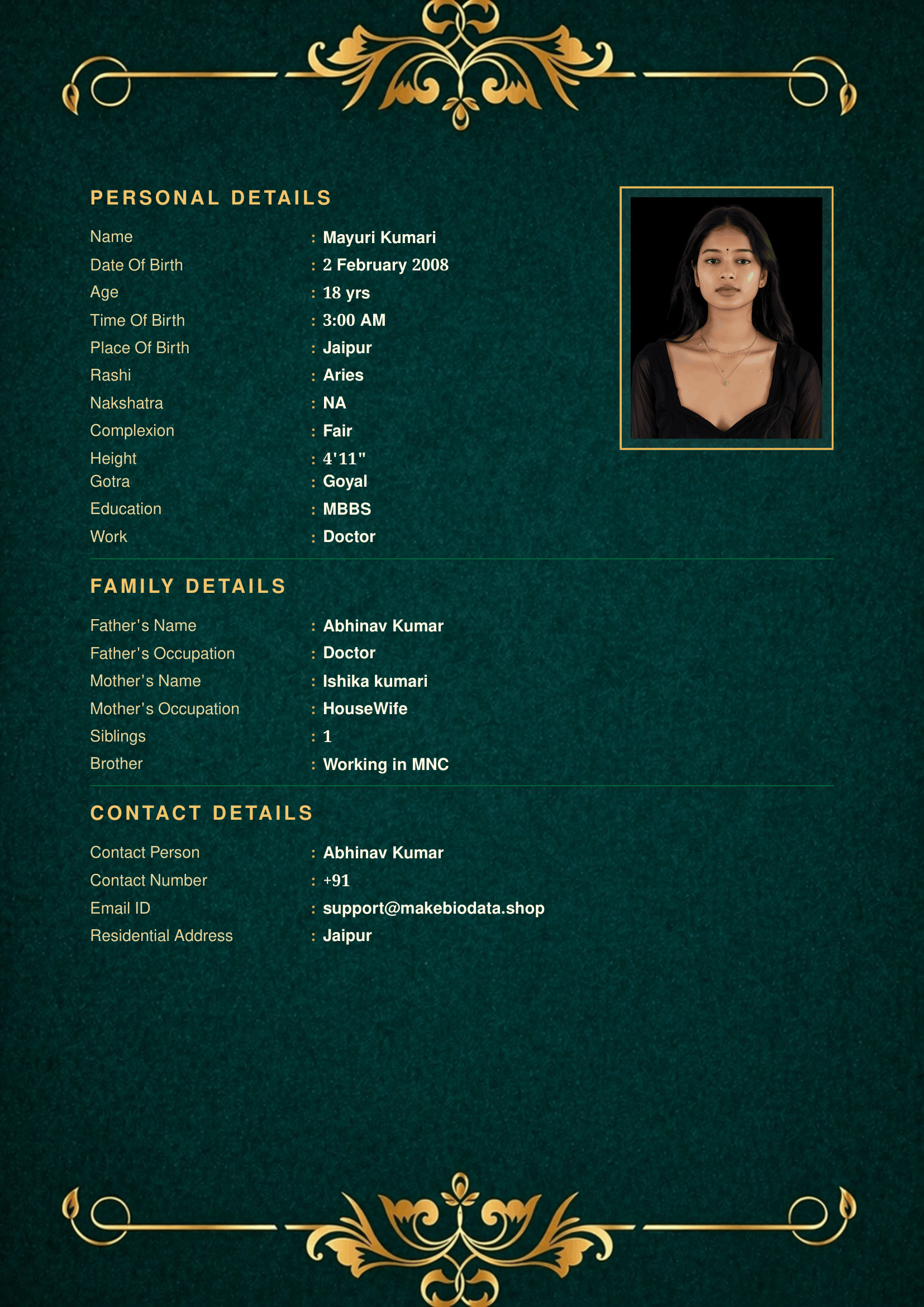 Emerald Ornate marriage biodata template preview