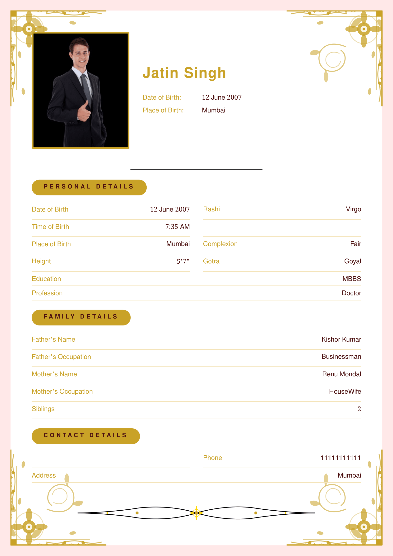 Gold Elegant marriage biodata template preview