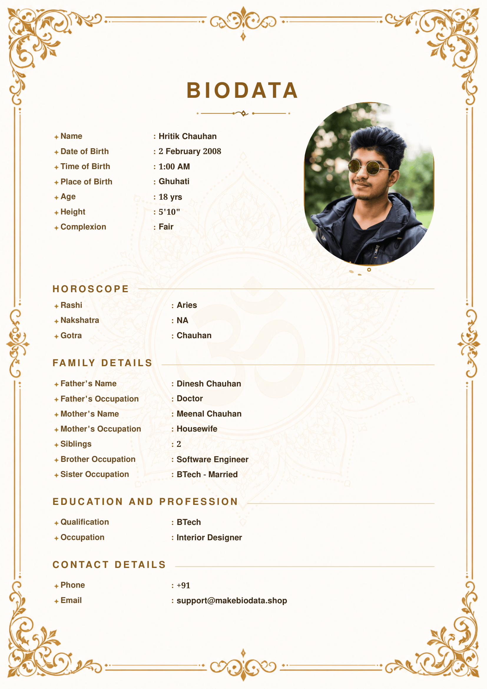 Gold Om Mandala marriage biodata template preview