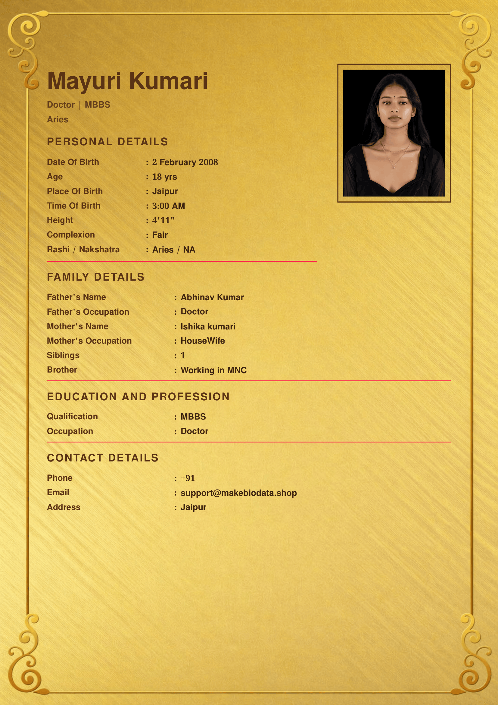 Golden Foil marriage biodata template preview