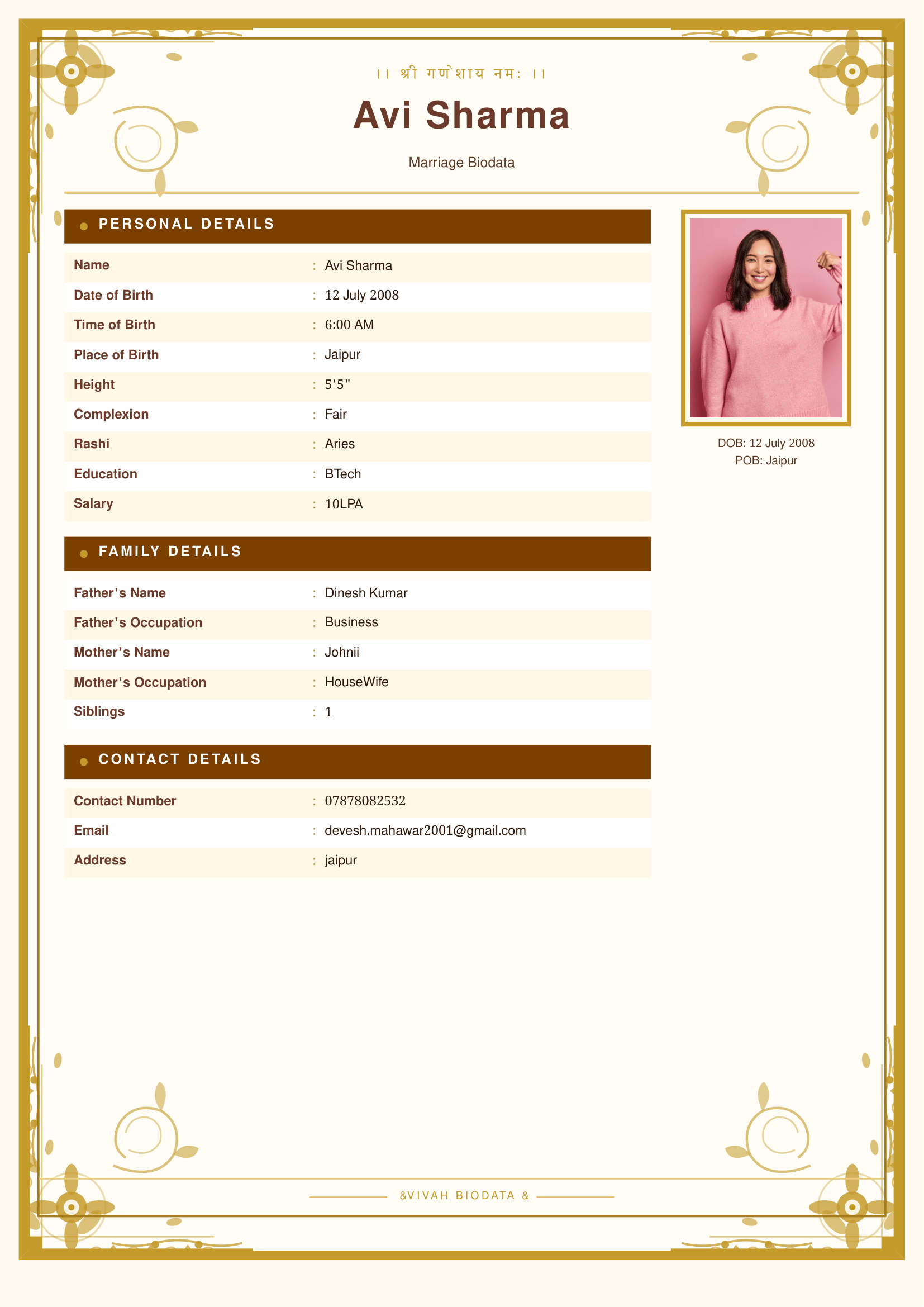 Heritage Gold marriage biodata template preview
