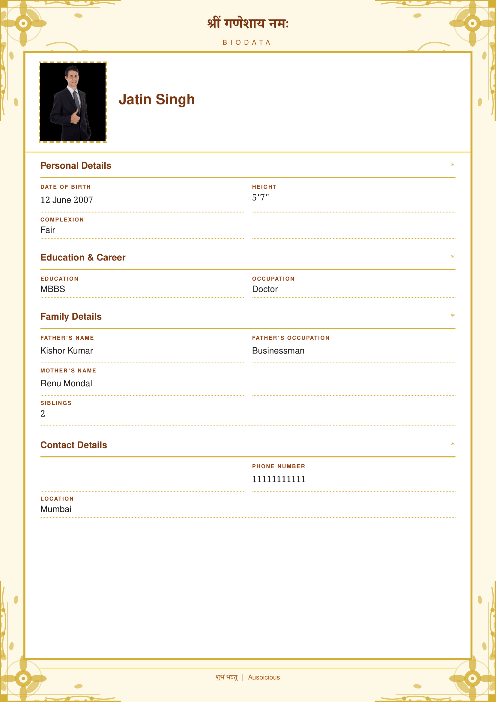 Indian Classic marriage biodata template preview