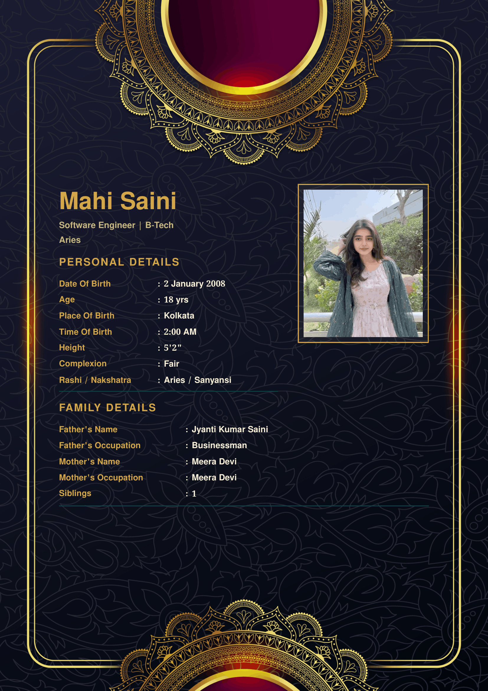 Midnight Royale marriage biodata template preview
