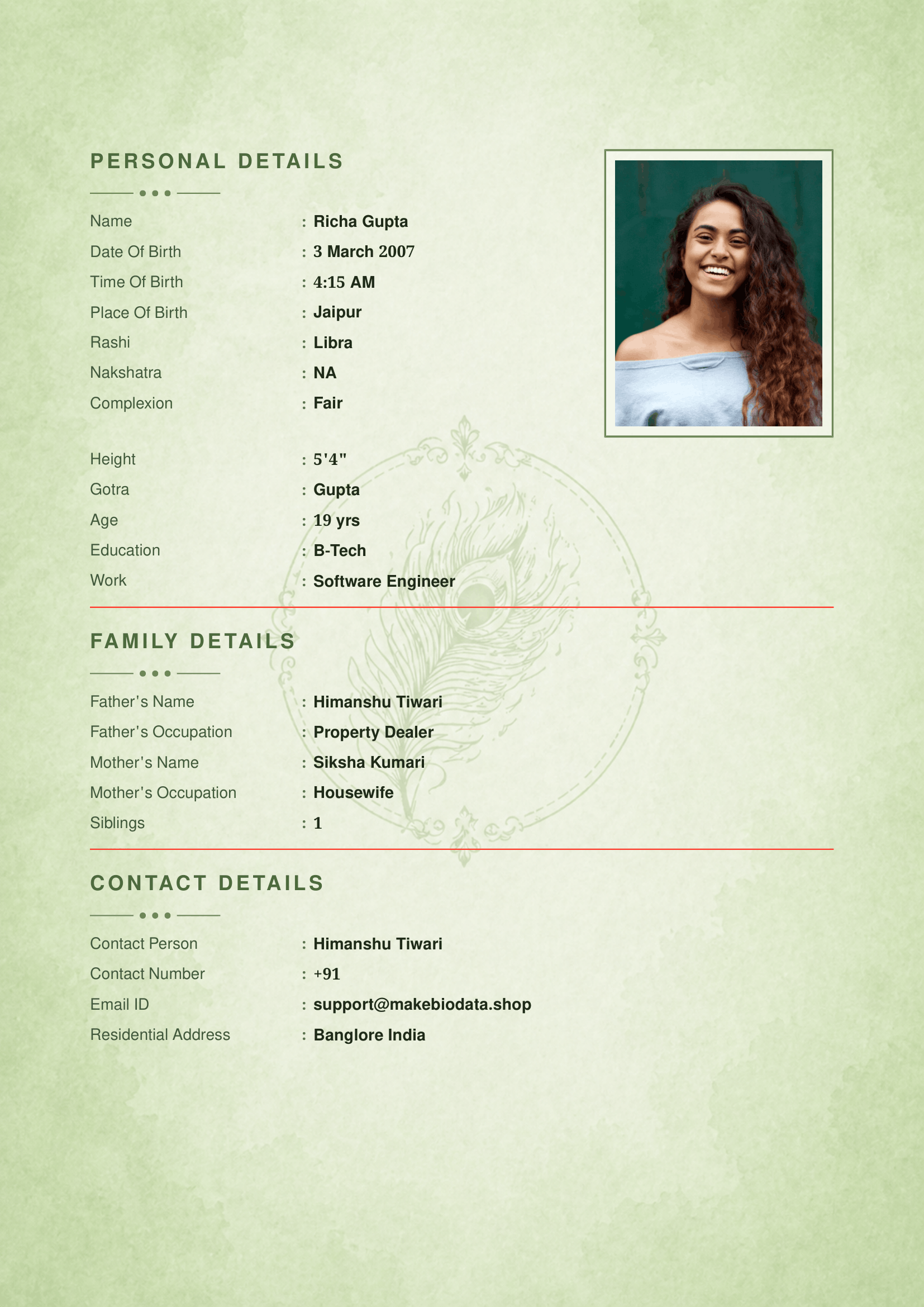 Mor Pankh marriage biodata template preview