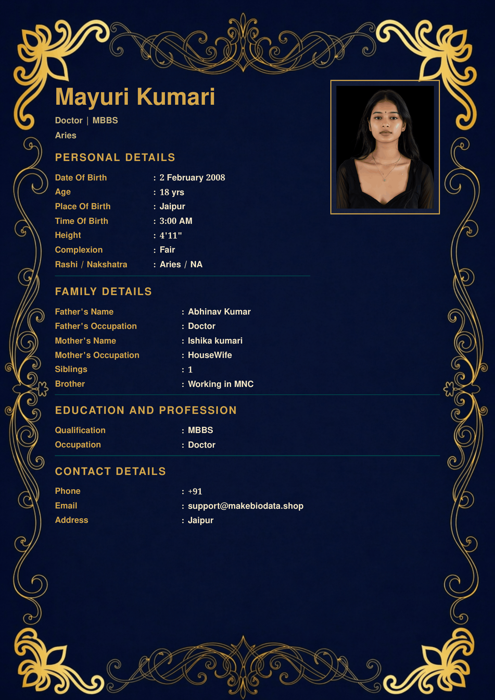 Navy Royal Frame marriage biodata template preview