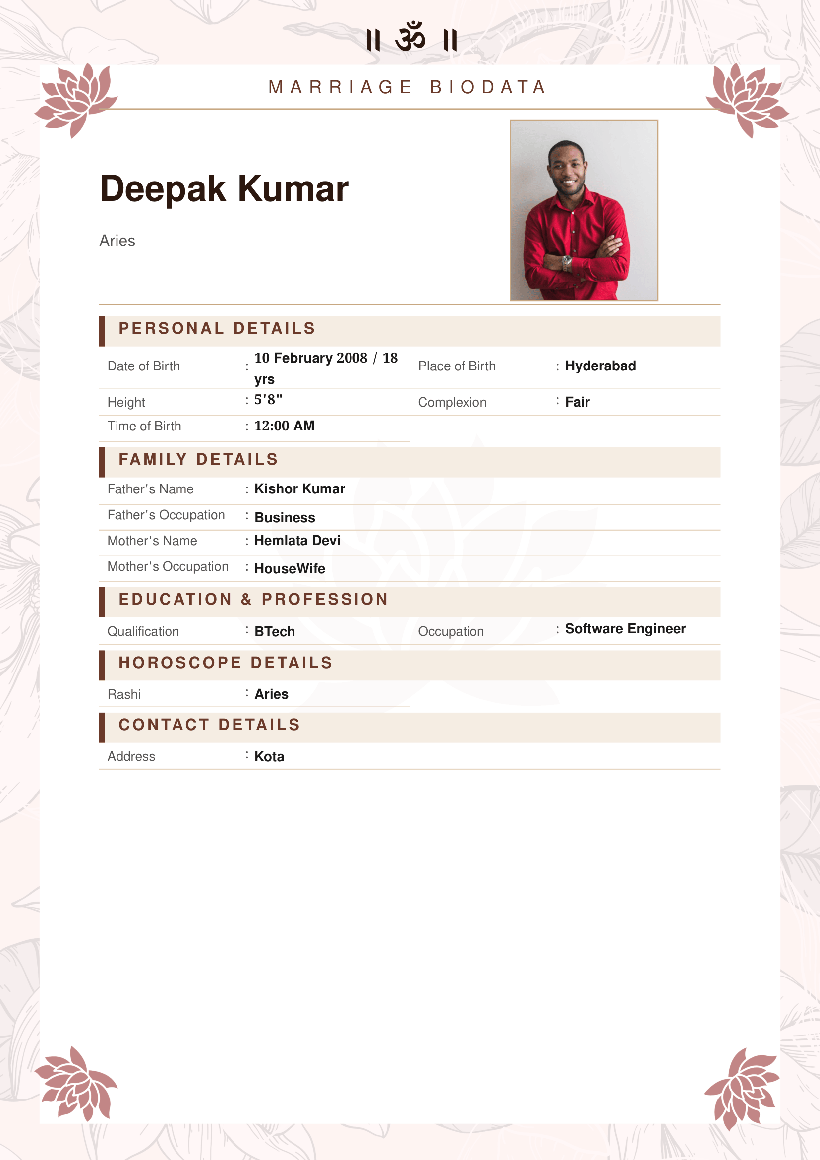 Ornate Border marriage biodata template preview
