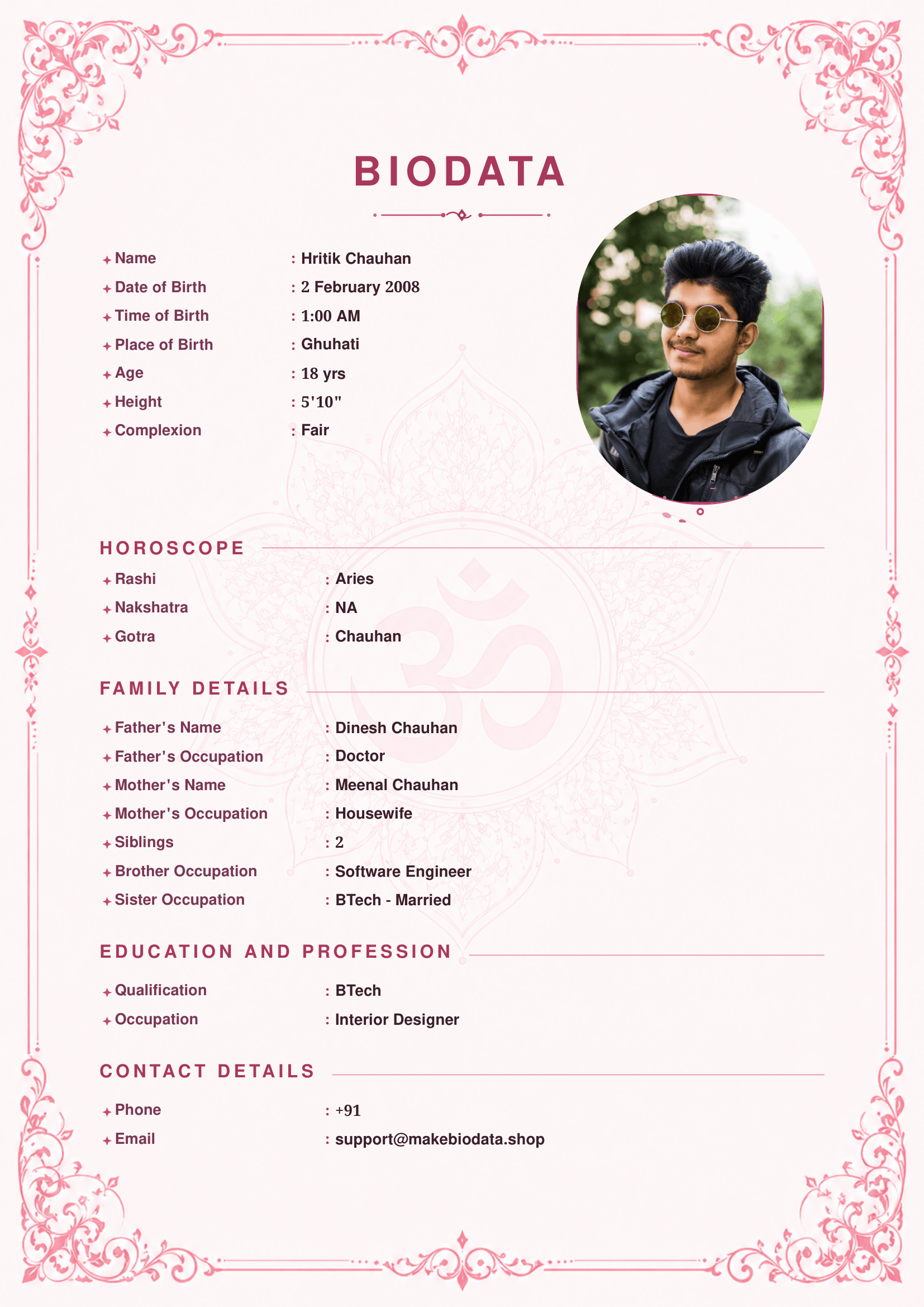 Pink Om Mandala marriage biodata template preview
