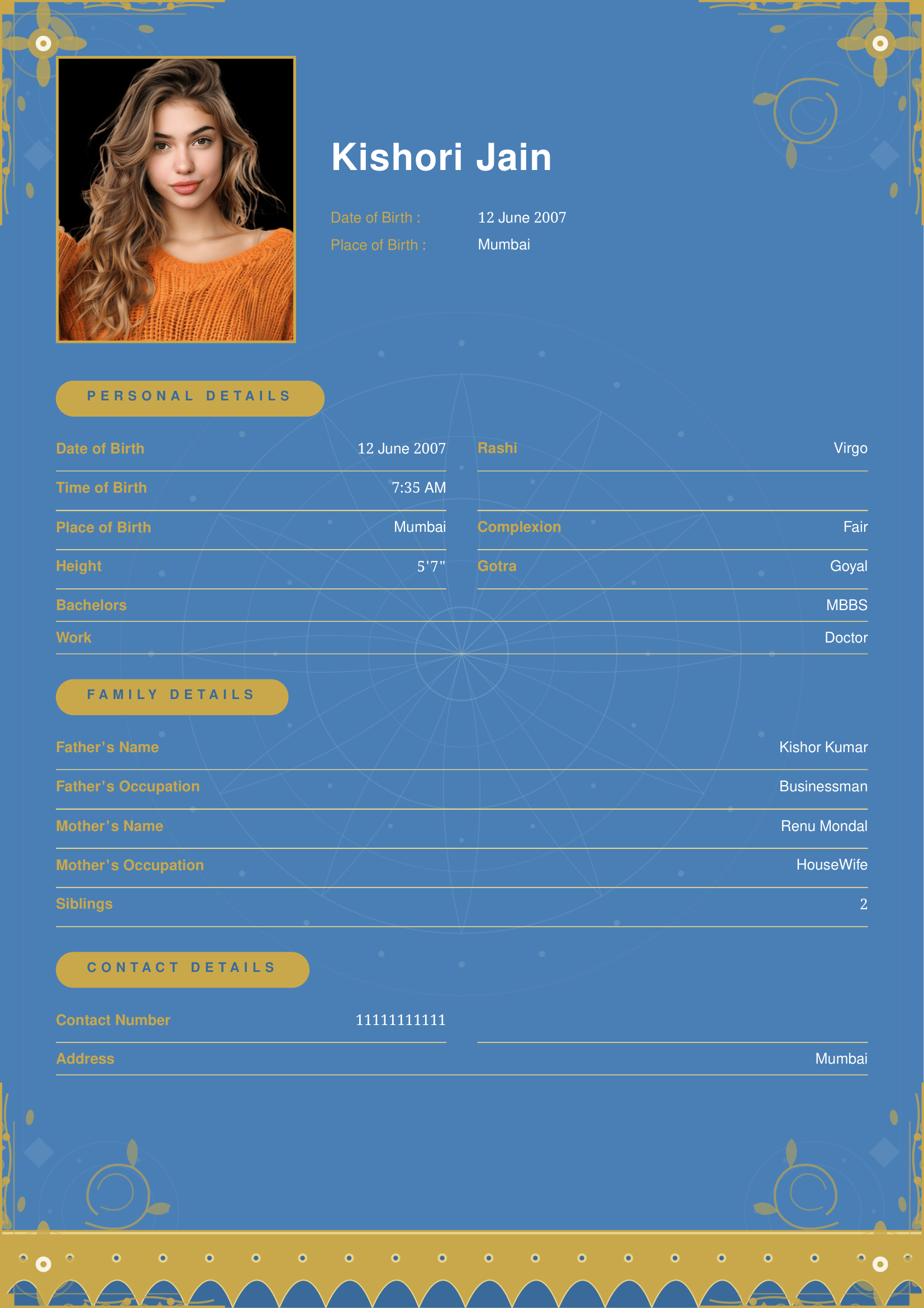Royal Blue marriage biodata template preview